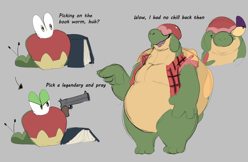 anthro belly book covered_eyes evolutionary_family feral green_body gun handgun hay humor male overweight overweight_male pecs pistol ranged_weapon solo text weapon ridmiz_hyena nintendo pokemon appletun applin generation_8_pokemon pokemon_(species) scalie english_text hi_res