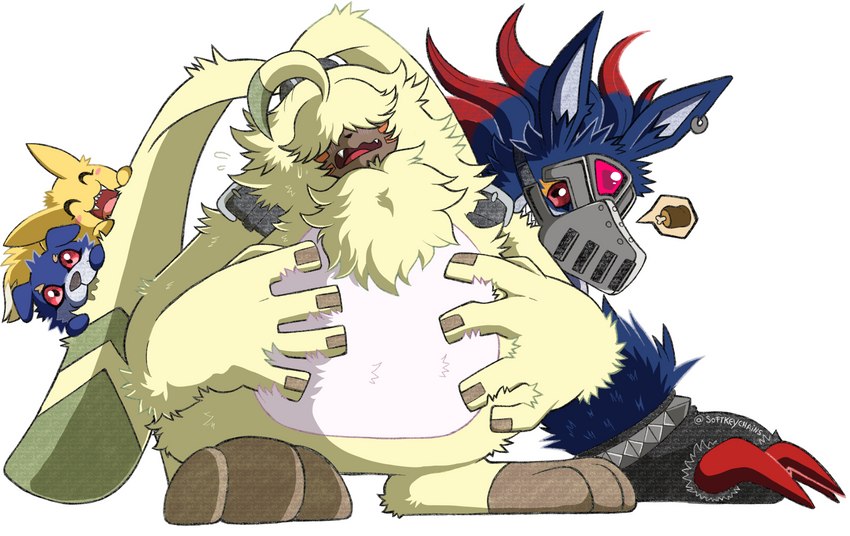 ahoge anthro belly belt blue_body blue_fur blush claws ear_piercing ear_ring feral fluffy fluffy_chest fur group hair hair_over_eyes hungry long_ears male mask piercing ponytail_ears red_eyes ring_piercing yellow_body yellow_fur portugueselynx bandai_namco digimon angoramon bowmon canid canine digimon_(species) lagomorph leporid loogarmon mammal rabbit viximon waddling_head hi_res