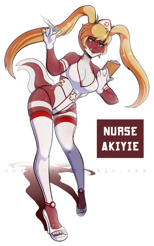 blonde_hair breasts cleavage clothed clothing female footwear freckles gloves grey_eyes hair handwear hat headgear headwear high_heels legwear long_hair looking_at_viewer medical_instrument medical_syringe nurse nurse_clothing nurse_hat nurse_headwear red_body red_skin scientific_instrument shoes simple_background skimpy smile solo standing stockings syringe tongue tongue_out white_body white_skin redrabbu amphibian amphibian_humanoid animal_humanoid frog_humanoid humanoid 2016 digital_media_(artwork) hi_res shaded