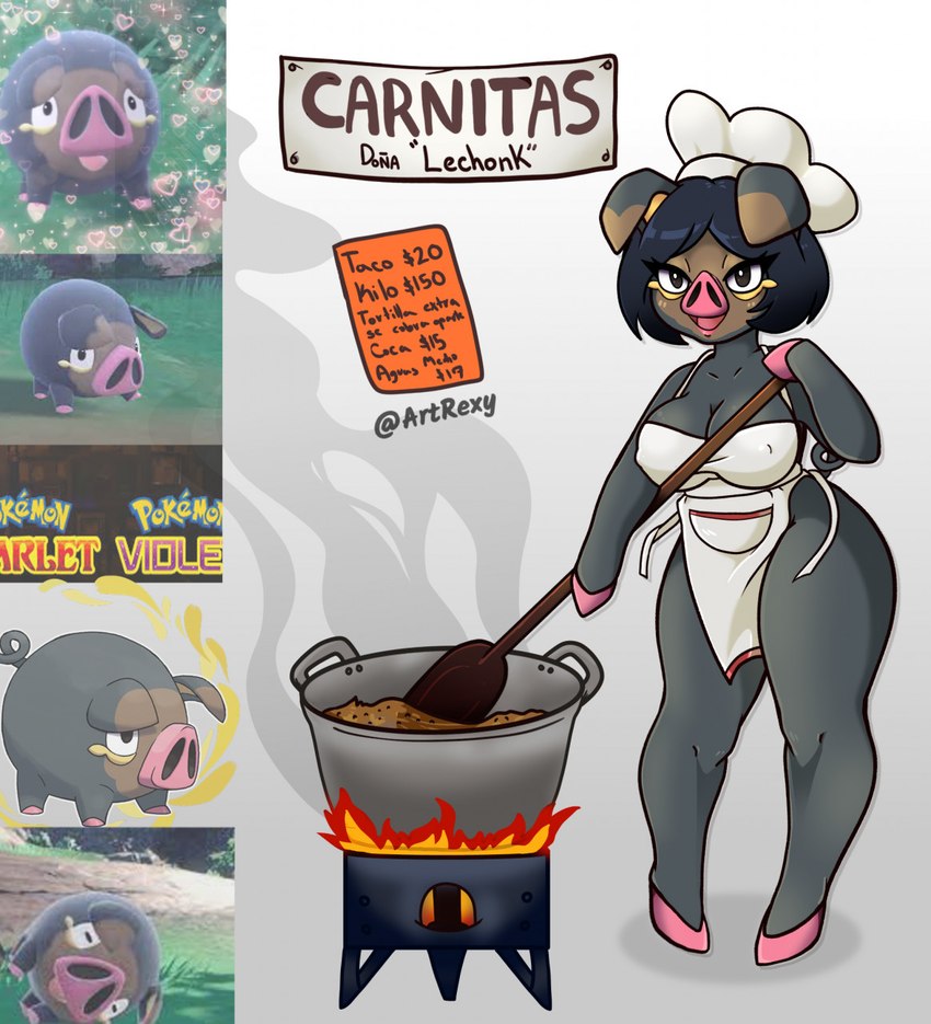 anthro anthrofied apron apron_only bedroom_eyes black_eyes black_hair breasts chef_hat cleavage clothed clothing cooking cooking_pot cutlery female fire food hair hat headgear headwear kitchen_utensils looking_at_viewer menu mostly_nude narrowed_eyes nipple_outline open_mouth paddle pig_nose pokemorph screencap seductive shadow sign simple_background smoke solo spoon stirring text tools white_background rexy_art nintendo pokemon generation_9_pokemon lechonk mammal pokemon_(species) suid suine sus_(pig) hi_res spanish_text