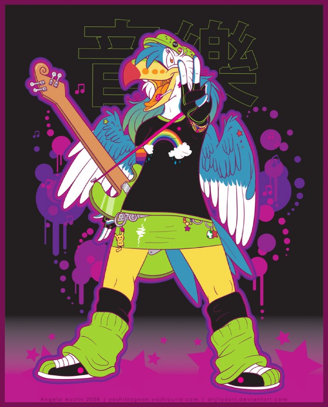 alternative_fashion anthro bass_guitar beak border candy cheerful clothing cyberpop decora_(fashion) dessert feathered_wings feathers female food gesture gloves guitar hand_gesture handwear j-fashion leg_warmers legwear lollipop musical_instrument orange_eyes plucked_string_instrument purple_border rainbow smile solo sparklefur string_instrument v_sign wings y2k_(graphic_design) angela_austin anjila anzen avian bird toucan colorful_theme