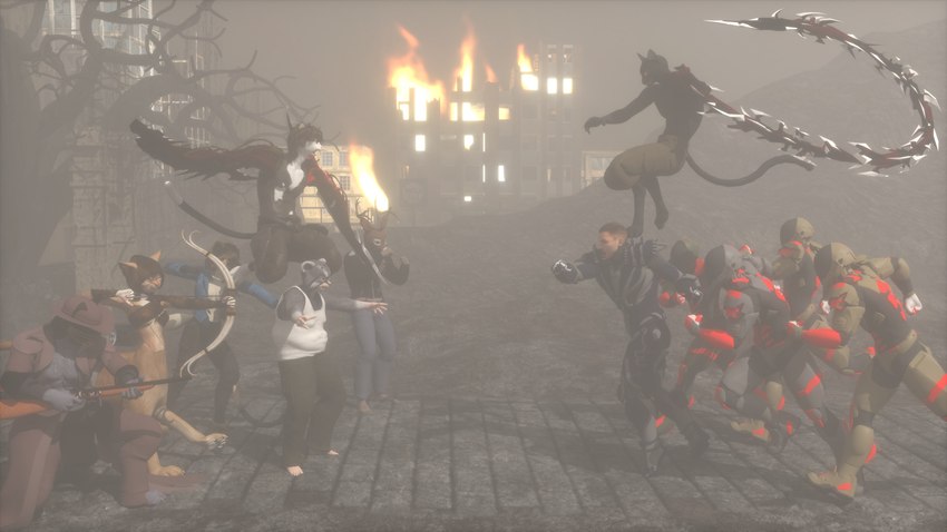 anthro backgroud_smoke background_fire burning female group male war littlefisky eric_(angry_cat) fisk_(angry_cat) ksif mishkin shikari_(angry_cat) bovid deer domestic_cat felid felid_taur feline felis human humanoid hyena mammal mammal_taur pallas's_cat taur 3d_(artwork) absurd_res digital_media_(artwork) hi_res