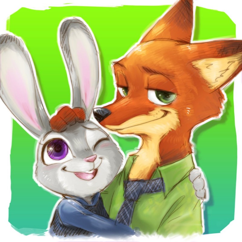 anthro clothing duo female fur male orange_body orange_fur kemo_nuko disney zootopia judy_hopps nick_wilde canid canine fox lagomorph leporid mammal rabbit red_fox true_fox 1:1 2018