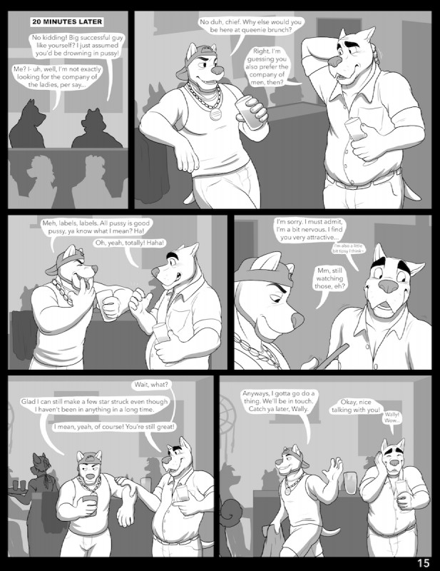 5_fingers anthro beverage clothed clothing cunnilingus_gesture dialogue elderly fingers gesture hat headgear headwear male suggestive suggestive_gesture text jackaloo emery_waldren fletcher_collins river_lakes canid canine canis domestic_dog mammal 2019 comic english_text hi_res monochrome nonbinary_(lore)