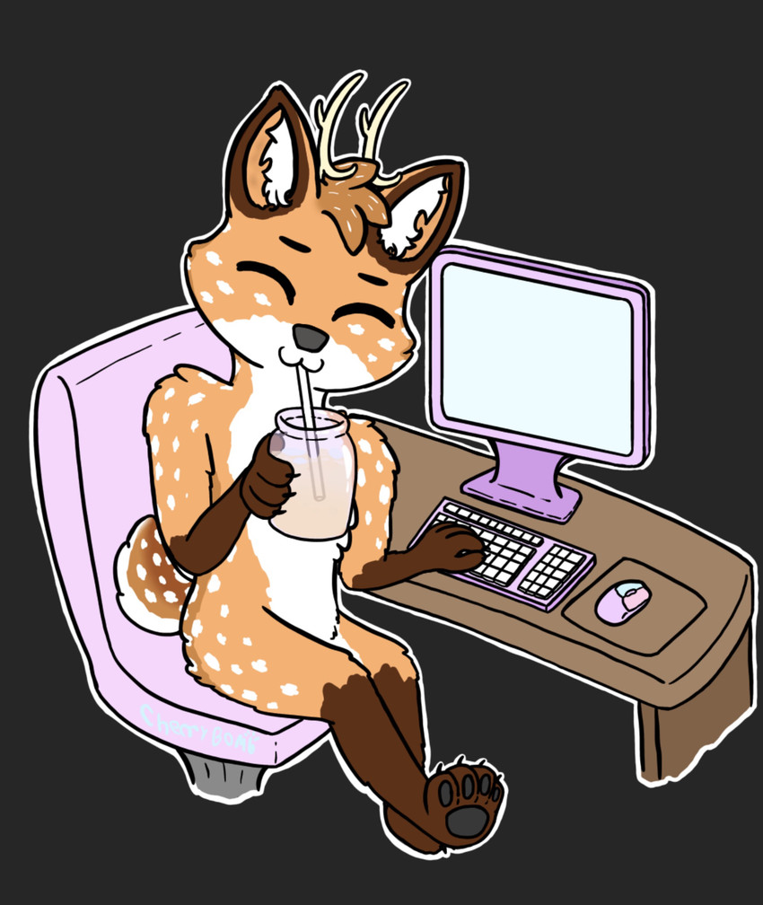 anthro computer desk drinking electronics furniture male paws solo table jammyjams feex hazel_(disambiguation) hi_res