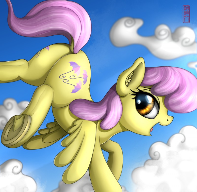 cloud cutie_mark dock_(anatomy) feathered_wings feathers female feral flying hooves jewelry looking_at_viewer looking_back raised_tail sky solo tail underhoof wings celsian hasbro my_little_pony mythology parasol_(mlp) equid equine mammal mythological_creature mythological_equine pegasus 2019 absurd_res hi_res