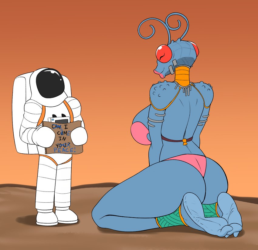 2_toes ankle_band antennae_(anatomy) anthro armlet astronaut big_breasts big_butt big_eyes bikini biped black_eyes black_text blue_body blue_breasts blue_text breasts butt cardboard clothed clothed_anthro clothed_female clothed_human clothed_male clothing compound_eyes curled_antennae duo faceless_character faceless_human faceless_male feet female female_anthro glistening glistening_eyes holding_object humanoid_feet humor jewelry kneeling larger_anthro larger_female lips looking_at_another looking_at_partner male male/female neck_ring orange_sky outside pink_bikini pink_clothing pink_lips pink_swimwear plantigrade pupils red_eyes red_sclera shadow sign size_difference sky smaller_human smaller_male soles spacesuit standing straight_legs swimwear text thick_lips thick_thighs three-quarter_view toes two-piece_swimsuit unusual_pupils where_is_your_god_now conditional_dnp zp92 image_comics invincible_(comics) invincible_(tv_series) andressa arthropod human insect mammal thraxan 2023 digital_drawing_(artwork) digital_media_(artwork) english_text hi_res