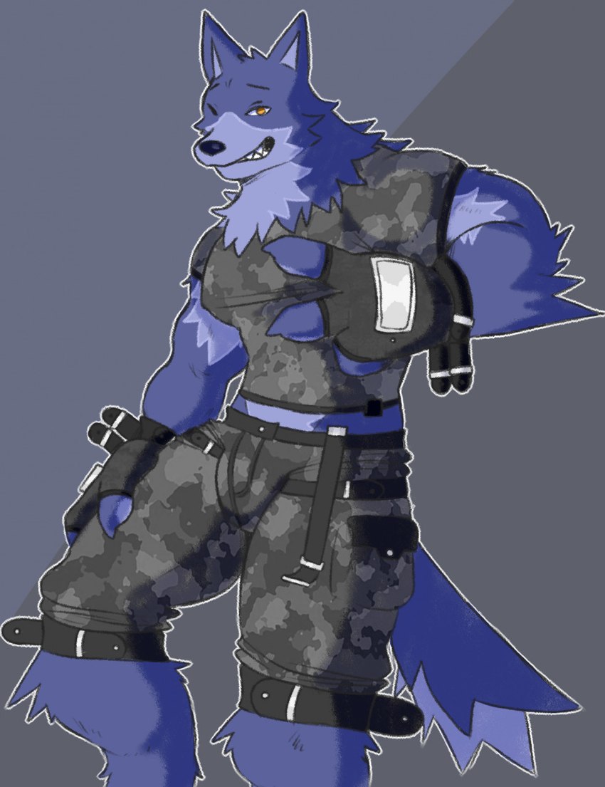 anthro belt blue_body blue_fur bottomwear bulge camo camo_bottomwear camo_clothing camo_pants camo_print camo_topwear camo_vest claws clothed clothing countershading finger_claws fingerless_gloves fully_clothed fur gesture gloves hand_gesture handwear male midriff muscular muscular_anthro muscular_male nipple_outline one_eye_closed pants pattern_bottomwear pattern_clothing pattern_pants pattern_topwear pattern_vest pecs pose simple_background sleeveless smile solo teeth topwear v_sign vest wink fleshformomo jayden_(fleshformomo) canid canine canis mammal wolf hi_res