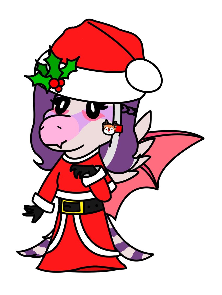 anthro blaze_(marking) christmas_clothing christmas_headwear clothing facial_markings feathers female fur_trim_(clothing) hair hand_puppet hat head_markings headgear headwear holidays holly_(plant) markings membrane_(anatomy) membranous_wings pink_body plant puppet purple_hair red_clothing santa_hat simple_background smile snout solo tail tail_feathers wings garavakarian cavemanon_studios christmas snoot_game azura_(snoot_game) fan_character dinosaur prehistoric_species reptile scalie scansoriopterygid theropod yi_qi colored hi_res