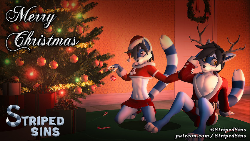 4_toes anthro antlers arm_grab barefoot baubles blush bottomwear bulge christmas_card christmas_clothing christmas_decorations christmas_headwear christmas_lights christmas_present christmas_tree claws clothed clothing crop_top digitigrade duo embarrassed exposed_chest feet female gift hat headgear headwear holidays horn kneeling looking_away male markings merry_christmas midriff miniskirt panties plant santa_hat sexy_santa shirt sibling_lust sibling_romance sitting skirt spread_legs spreading striped_markings striped_tail stripes tail tail_markings text toes topwear tree underwear wreath willitfit christmas striped_sins felix_(striped_sins) ryder_(striped_sins) mammal procyonid raccoon 16:9 3d_(artwork) digital_media_(artwork) url widescreen brother_(lore) brother_and_sister_(lore) incestuous_temptation_(lore) sibling_(lore) sister_(lore)