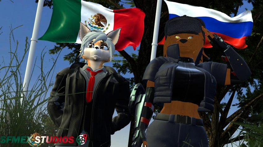 anthro clothed clothing duo female flag fully_clothed hat headgear headwear male mexican_flag mexico russia russian russian_flag ushanka sfmex_studios petruz_(copyright) warfare_machine dasha_(petruz) bear canid canine canis mammal wolf 16:9 3d_(artwork) digital_media_(artwork) hi_res source_filmmaker_(artwork) widescreen