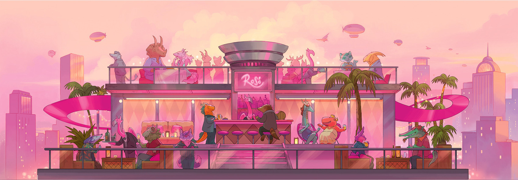 aircraft airship anthro bar bartender beverage bottle brown_body building city clothing cloud container detailed_background evening female fence furniture green_body group holding_beverage holding_object hoodie horn lamp male outside palm_tree plant restaurant sign sitting smile table tail topwear tree vehicle sandara critter_kitchen mythology avian bovid canid caprine dragon felid goat mammal mythological_creature mythological_scalie scalie 2025 hi_res official_art