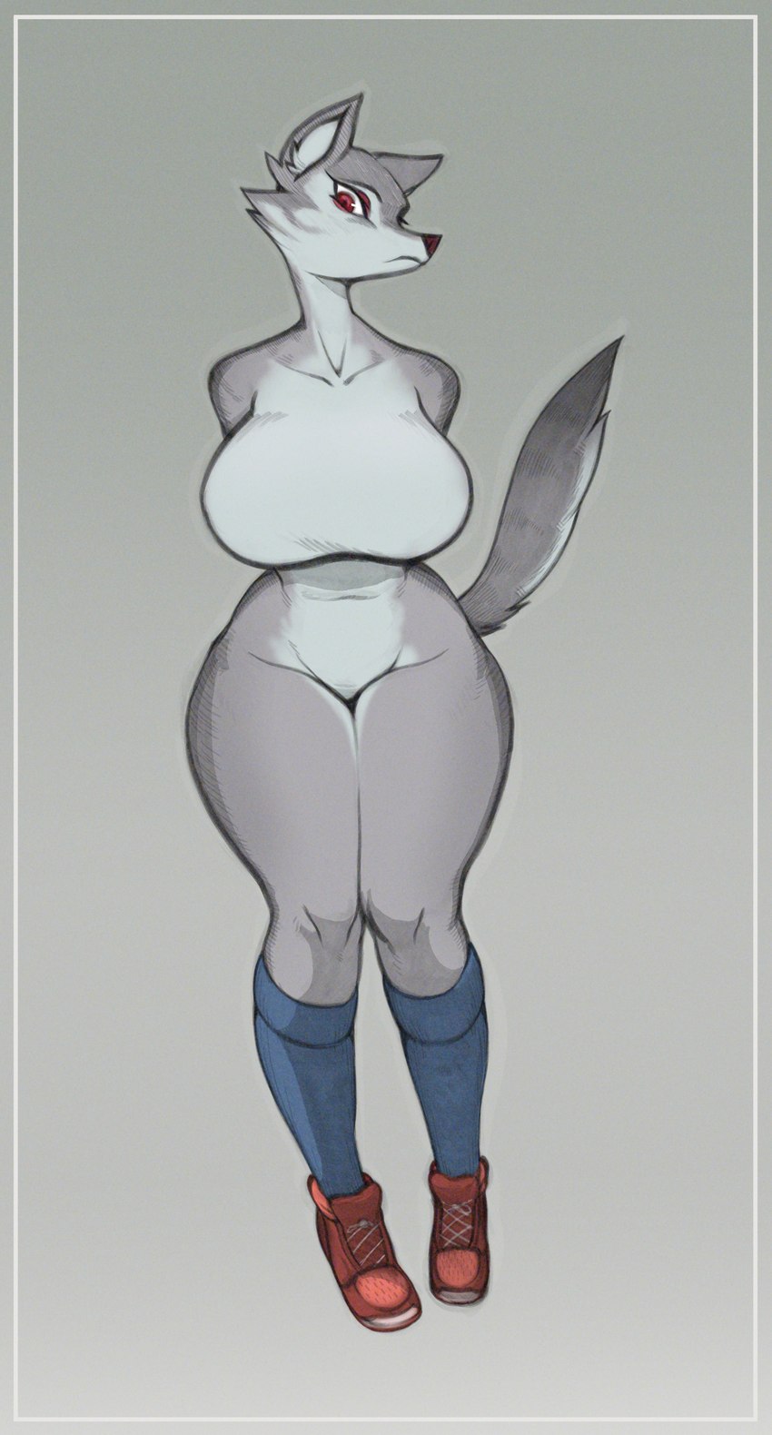 anthro big_breasts biped blue_clothing blue_legwear breasts cheek_tuft clothed clothing collarbone countershade_face countershade_legs countershade_tail countershade_torso countershading facial_tuft featureless_breasts featureless_crotch female footwear frown fur gradient_background grey_background grey_body grey_countershading grey_fur grey_tail hands_behind_back inner_ear_fluff knee_highs knock-kneed legwear multicolored_body navel partially_clothed purple_nose raised_tail red_clothing red_eyes red_footwear red_shoes shoes simple_background solo standing tail tuft two_tone_body two_tone_tail wide_hips ricksteubens canid canine canis mammal wolf 2021 absurd_res digital_media_(artwork) full-length_portrait hi_res huge_filesize portrait