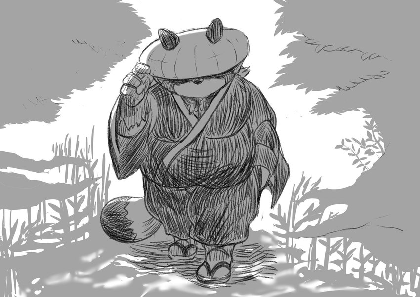 ambiguous_gender anthro asian_clothing belly big_belly biped clothing east_asian_clothing footwear humanoid_hands japanese_clothing kemono outside overweight plant sandals shoes solo tree walking hysk canid canine mammal raccoon_dog tanuki 2022 hi_res monochrome