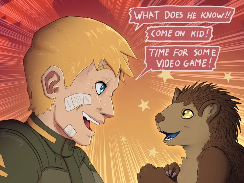 age_difference ambiguous_gender anthro back_quills band-aid band-aid_on_face bandage bandage_on_face blonde_hair blue_eyes blue_tongue brown_body brown_fur brown_nose brown_quills claws dialogue duo eye_contact female fur hair head_quills looking_at_another male older_human older_male open_mouth quills_(anatomy) round_ears talking_to_another tan_body tan_fur teeth_showing text tongue yellow_eyes young young_ambiguous young_anthro demon_deity the_nature_of_predators nulia_(the_nature_of_predators) tyler_(the_nature_of_predators) alien gojid_(the_nature_of_predators) human mammal 4:3 english_text hi_res