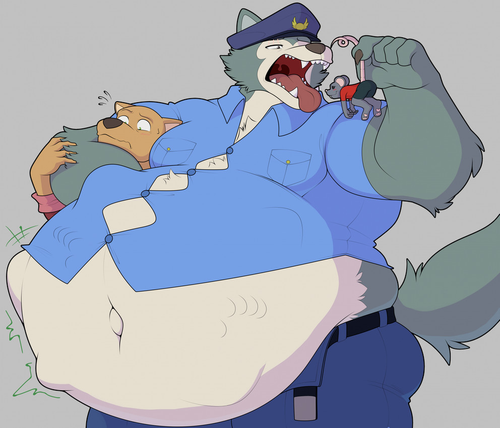 abdominal_bulge anthro belly belt big_belly blush brown_body brown_fur chokehold clothed clothing fangs fully_clothed fur grey_body grey_fur group hat headgear headlock headwear huge_belly imminent_oral_vore imminent_vore lifted lifted_by_tail male moobs motion_lines musclegut muscular navel nervous open_belt open_mouth outie_navel overweight police police_officer sharp_teeth simple_background size_difference smile soft_vore standing tail teeth tongue trio uvula vore white_body white_fur willing_prey hidi beastars legoshi_(beastars) canid canine canis mammal mouse murid murine rodent wolf 2026 hi_res