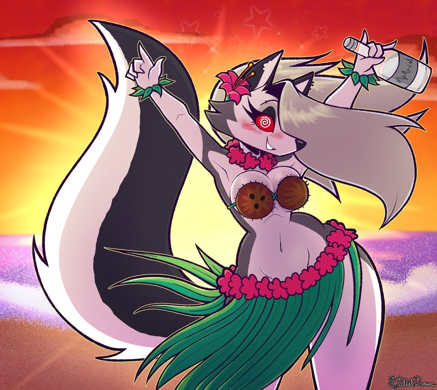 anthro beach big_breasts blush breasts coconut_bra dancing female grass_skirt grin hula hypnosis mind_control navel outside seaside smile solo spiral_eyes sunset wide_hips outletdraws helluva_boss mythology loona_(helluva_boss) canid canid_demon canine canis demon hellhound mammal mythological_canine mythological_creature wolf hi_res