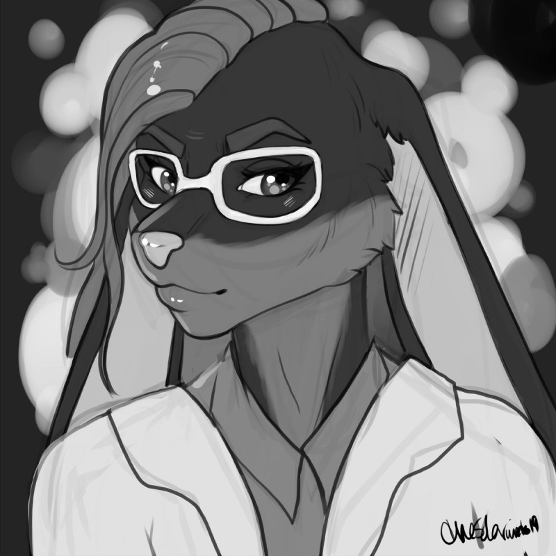 anthro clothed clothing eyewear female glasses hair long_hair solo thesolarwinds vanessa_morrison_(vamoos) lagomorph leporid mammal rabbit 1:1 2019 greyscale hi_res monochrome sketch