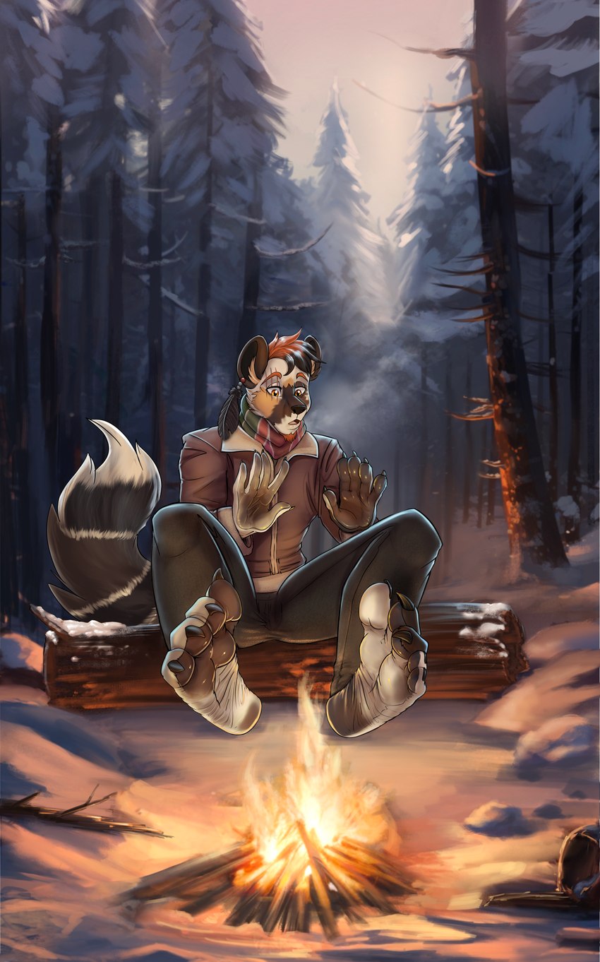 anthro barefoot black_hair black_nose black_pawpads brown_body brown_fur campfire clothed clothing ear_piercing ear_ring eye_scar facial_hair facial_scar feather_jewelry feet foot_focus foot_transformation forest fur goatee hair heel_pad jewelry kerchief male mid_transformation neckerchief neckwear orange_eyes padded_palms pawpads piercing plant red_hair ring_piercing scar snow tan_body tan_fur topwear transformation tree white_body white_skin winter winter_clothing yaoifairy recallers_of_the_lost_pathfinder paint_(razim) paint_(recallers_of_the_lost) ra'zim african_wild_dog canid canine human mammal 2024 absurd_res hi_res