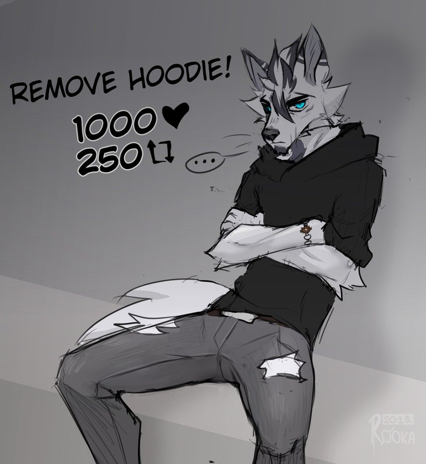 anthro belt blue_eyes bottomwear clothed clothing crossed_arms fur grey_background grey_markings hole_in_pants hoodie male markings pants simple_background sitting solo speech_bubble spread_legs spreading topwear white_body white_fur rooka canid canine canis mammal wolf hi_res watermark