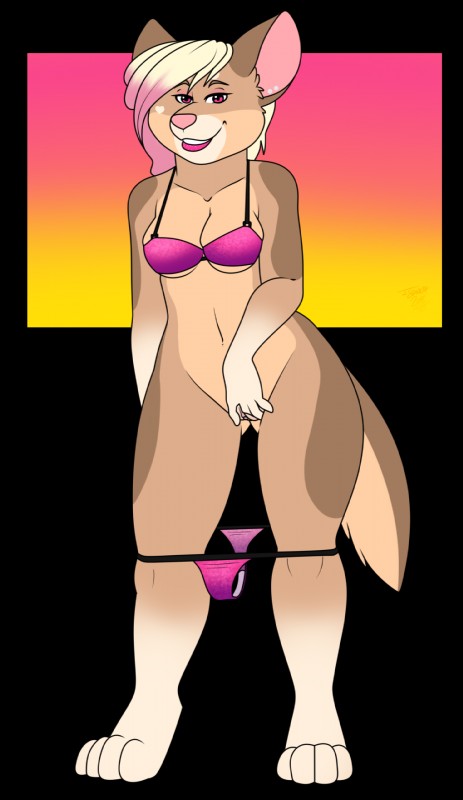 4_toes anthro barefoot blonde_hair bottomless bra breasts brown_body brown_fur clitoral_hood clitoris clothed clothing feet female flashing fur genitals hair looking_at_viewer pink_eyes pink_nose pussy smile solo spreading standing tail tan_body tan_fur toes underwear os canid canine canis dingo mammal 2018 alpha_channel hi_res