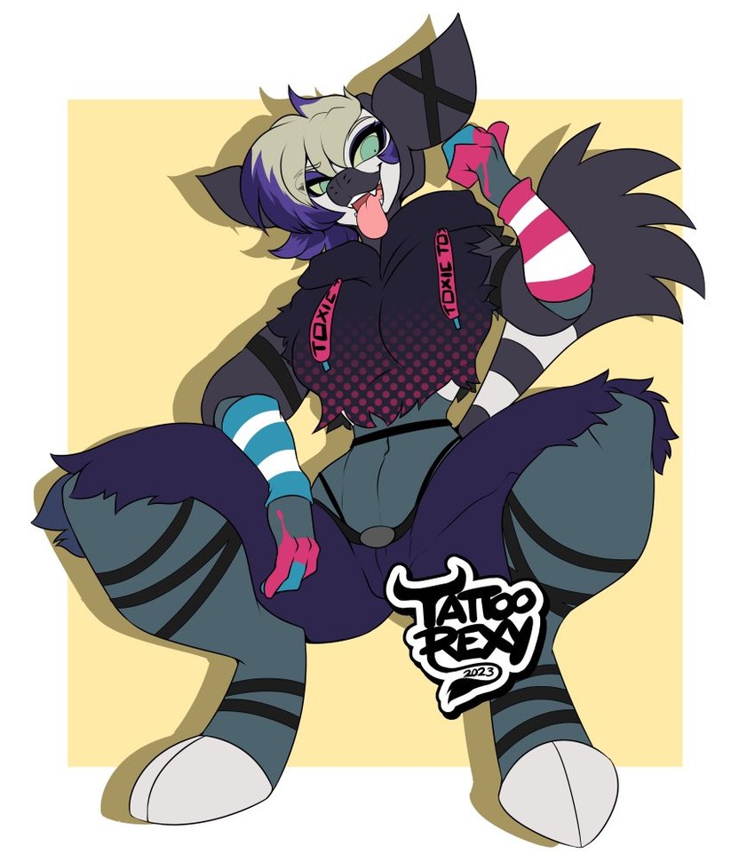 4_fingers anthro armwear black_body bottomwear clothing female fingers green_eyes hair jacket legwear shorts simple_background solo tail tongue tongue_out topwear tattoorexy nintendo pokemon generation_9_pokemon grafaiai pokemon_(species)