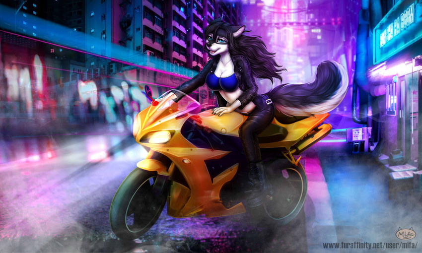 5_fingers anthro black_body black_fur black_hair black_nose blue_eyes breasts city clothed clothing detailed_background eyebrows eyelashes female fingers fur hair motorcycle night open_mouth outside sitting solo tail teeth text tongue vehicle white_body white_fur mifa thirrin_(grishmark) canid canine canis mammal wolf 2020 5:3 digital_media_(artwork) url