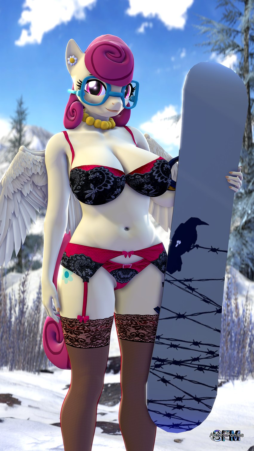 anthro anthrofied big_breasts bra breasts clothing cutie_mark ear_piercing ear_ring eyewear female garter_belt garter_straps gem glasses jewelry legwear looking_at_viewer mountain necklace panties pearl_(gem) pearl_necklace piercing ring_piercing snow snowboard solo stockings underwear wings anthroponiessfm friendship_is_magic hasbro my_little_pony mythology mrs._shy_(mlp) equid equine mammal mythological_creature mythological_equine pegasus 3d_(artwork) 9:16 digital_media_(artwork) hi_res