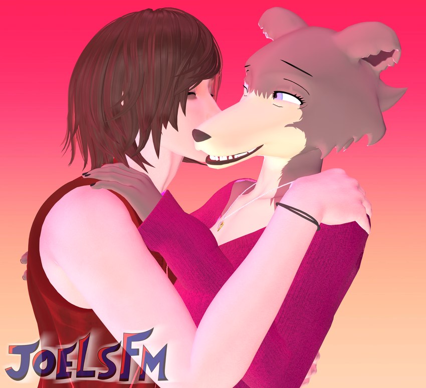 anthro brown_hair clothing duo eye_bags female hair jewelry kissing kissing_cheek male male/female necklace self_insert wristband joelsfm beastars juno_(beastars) canid canine canis human humanoid mammal wolf 3d_(artwork) digital_media_(artwork) hi_res source_filmmaker_(artwork)