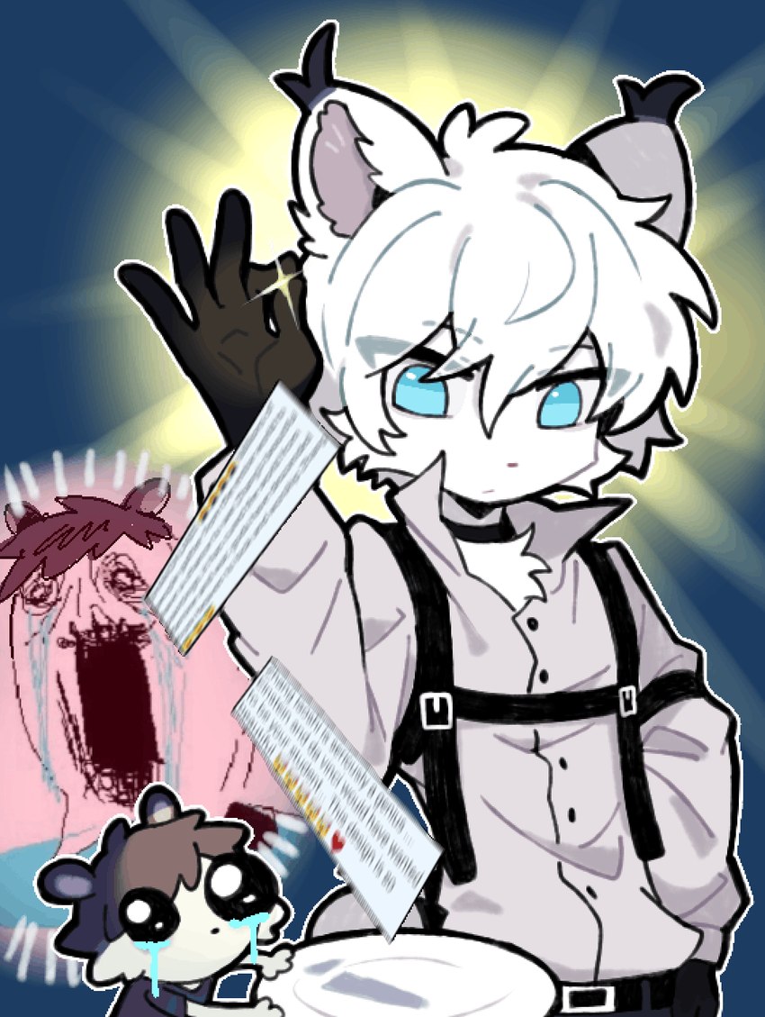 abstract_background anthro black_clothing black_gloves black_handwear blue_eyes bodily_fluids clothing comment crying duo fur gloves hair hand_in_pocket handwear kemono male pockets tears white_body white_fur white_hair zhang_gun mammal mustelid musteline stoat true_musteline weasel hi_res meme