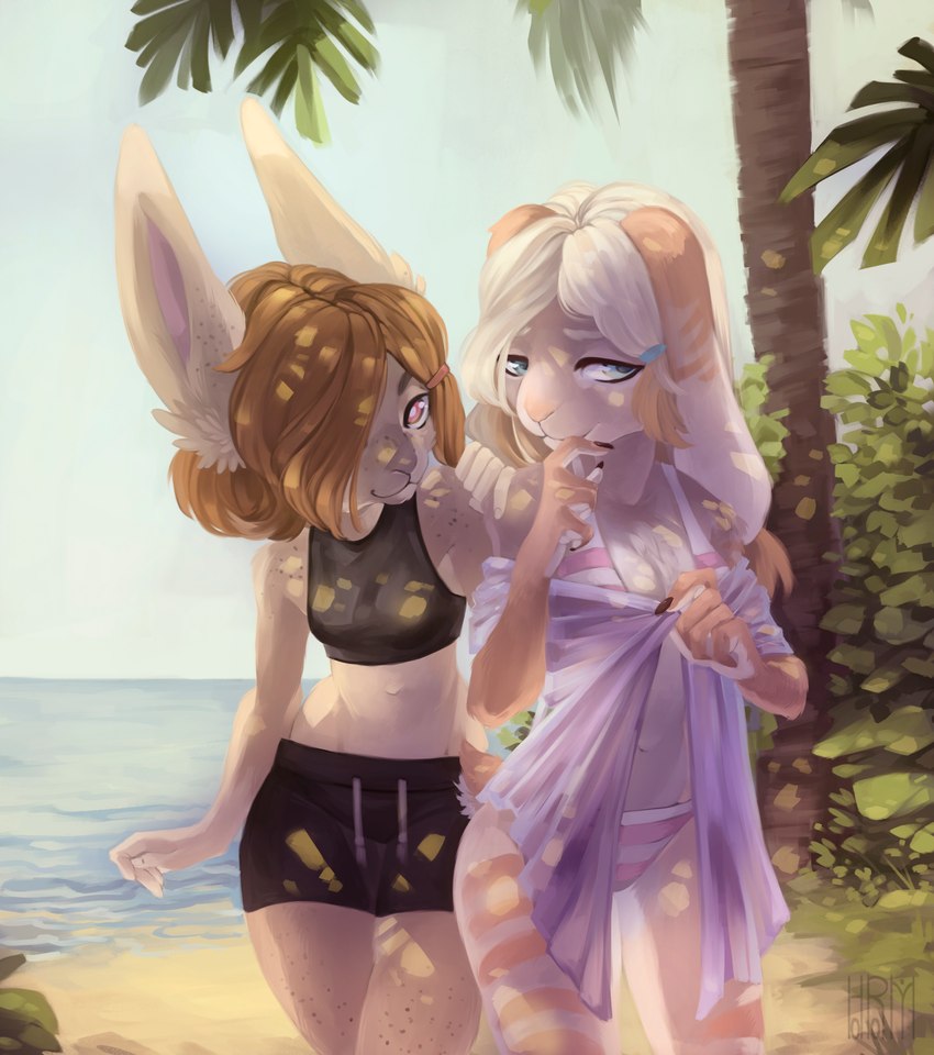 accessory anthro beach belly bikini bikini_bottom bikini_top black_clothing black_swimwear blonde_hair blue_eyes breasts brown_body brown_fur brown_hair cleavage clothed clothing covering covering_self duo ears_down ears_up female female/female floppy_ears fluffy fluffy_tail freckles fur hair hair_accessory hairband lop_ears markings navel open_clothing open_shirt open_topwear palm_tree pattern_clothing pattern_underwear pink_bikini pink_clothing pink_swimwear pivoted_ears plant red_eyes sand seaside shirt smile smirk striped_clothing striped_markings striped_underwear stripes sunny swimming swimming_trunks swimwear tail topwear tree two-piece_swimsuit underwear shedarkorstar aleyna_(bakedbunny) yulia_(bakedbunny) domestic_rabbit lagomorph leporid lop_rabbit mammal oryctolagus rabbit hi_res sibling_(lore) twins_(lore)