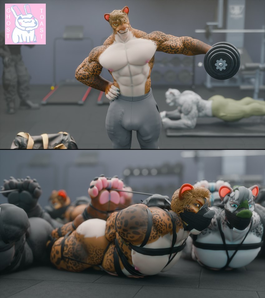4_toes 5_fingers abs all_fours angry anthro armor arms_tied athletic_wear bag bdsm big_muscles blue_eyes bondage boots bottomwear bound brown_hair butt claws cloth_gag clothed clothing convenient_censorship detailed_background duct_tape duct_tape_gag dumbbell eyebrows feet finger_claws fingers footwear gag gagged grey_body grey_eyebrows grey_hair group gym gym_bottomwear hair hands_behind_back hogtied kidnapping legs_tied logo looking_at_viewer lying lying_on_ground male male_anthro markings mostly_nude_anthro mostly_nude_male muffled muscular muscular_anthro muscular_male nipples offscreen_character on_front on_ground pawpads pecs restraints shoes smile sniffing sniffing_clothes spots spotted_body stuff_gag submissive submissive_anthro submissive_male tape tape_gag toe_claws toe_restraints toes top_heavy topless topless_anthro topless_male treadmill underwear underwear_sniffing weights white_body yellow_body yellow_eyes ghostoast leodamodeler_(modeler) domestic_cat felid feline felis jaguar mammal pantherine 2025 3d_(artwork) artist_logo blender_(artwork) detailed digital_media_(artwork) hi_res signature story story_in_description