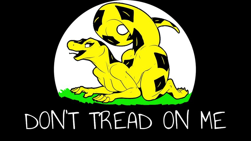 anthro black_body breasts butt female flag flag_design grass lying markings on_front open_mouth plant politics simple_background solo tail tail_markings text yellow_body fivel don't_tread_on_me reptile scalie snake absurd_res digital_media_(artwork) english_text hi_res meme widescreen