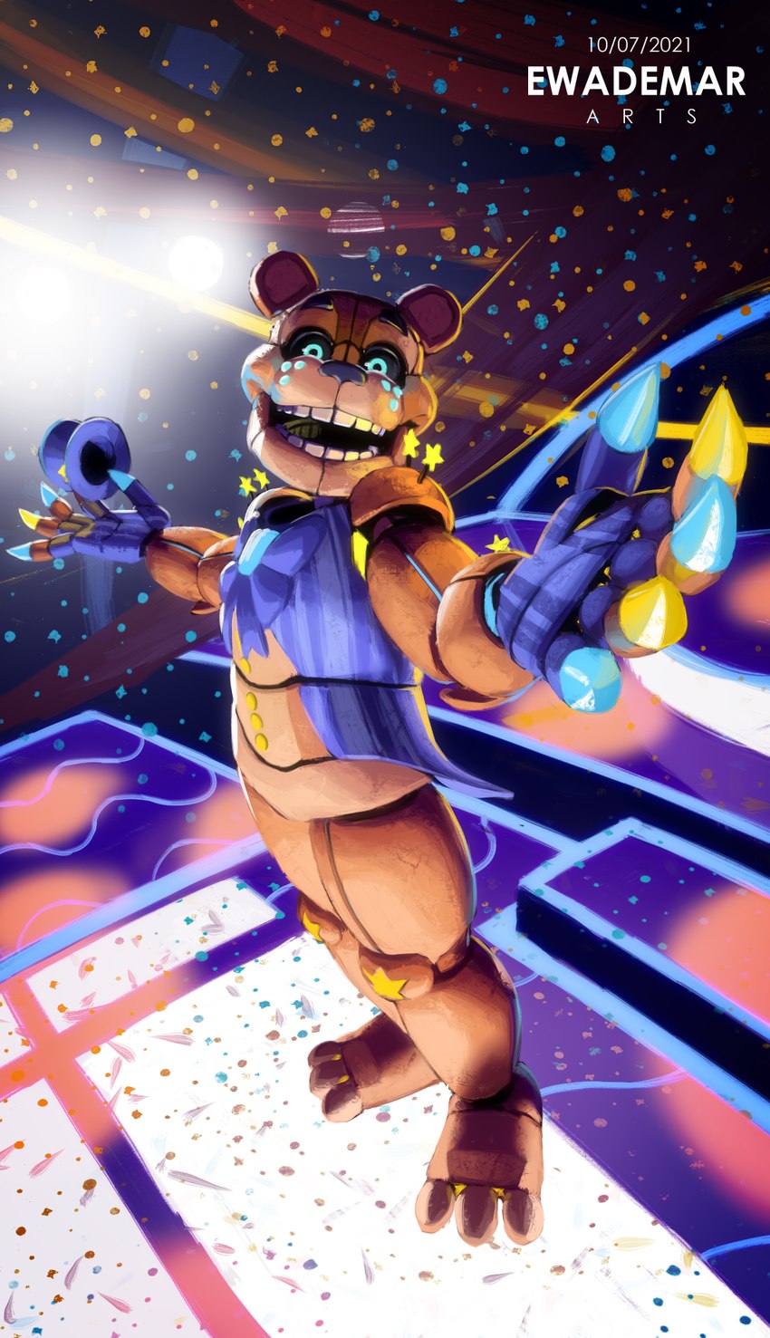 black_sclera blue_clothing blue_eyes blue_hat blue_headwear blue_top_hat clothing eyebrows hat headgear headwear machine neon_freddy_(fnaf) open_mouth solo teeth top_hat ewademar five_nights_at_freddy's scottgames animatronic bear mammal robot 2021 digital_media_(artwork) hi_res