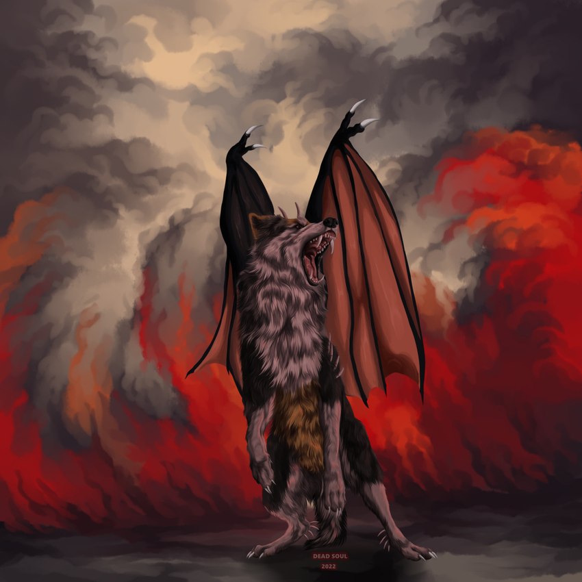 ambiguous_gender big_fangs black_body black_fur black_nose fangs feral fire front_view fur leg_spikes membrane_(anatomy) membranous_wings open_mouth orange_eyes red_wings smoke solo spikes spikes_(anatomy) teeth white_body white_fur wings yellow_body yellow_fur msdeadsoul miri_(mirivargus) canid canine mammal 1:1 2022 hi_res