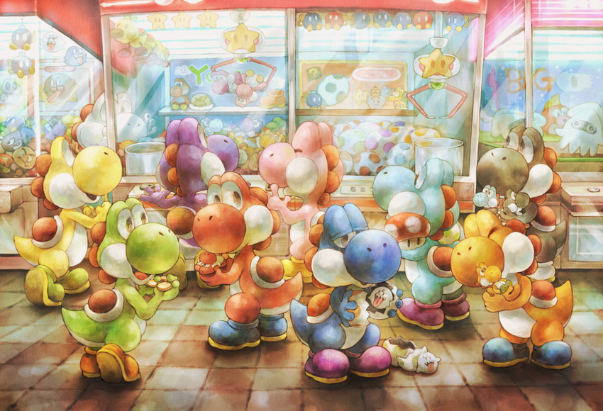 ambiguous_gender claw_machine clothing detailed_background footwear group open_mouth open_smile plushie smile sui_(petit_comet) mario_bros nintendo black_yoshi blue_yoshi cyan_yoshi green_yoshi orange_yoshi pink_yoshi purple_yoshi red_yoshi white_yoshi yellow_yoshi yoshi 2020