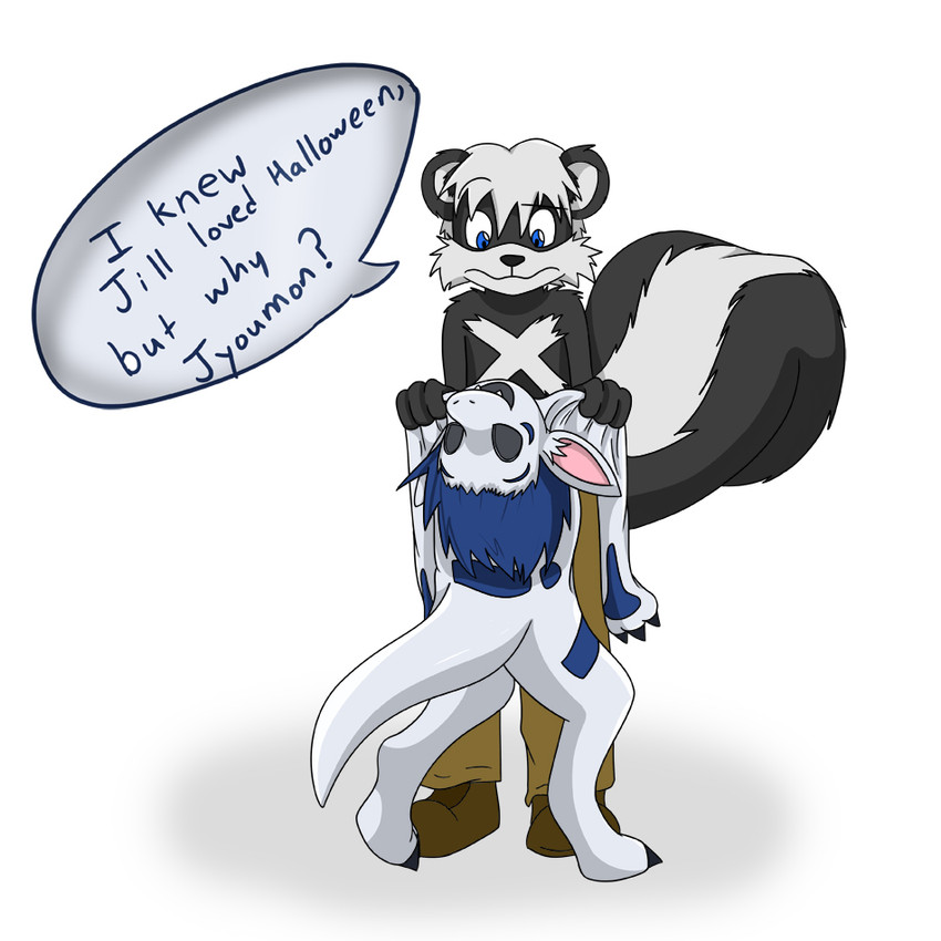 ambiguous_gender anthro biped black_body black_ears black_fur black_nose blue_eyes blue_hair blue_markings bottomwear claws clothed clothing confusion costume countershade_face countershade_fur countershading digitigrade empty_eyes eyebrows fangs fingers footwear fur hair holding_object imminent_transformation khaki_pants looking_down looking_down_at_object male markings nude pants paws pink_inner_ear plantigrade raised_eyebrows shoes simple_background skunk_tail solo speech_bubble standing tail tail_markings teeth text topless white_background white_body white_countershading white_ears white_hair white_inner_ear white_markings x_marking fox0808 jyoumon_(scotskunk) scot_(scotskunk) bird_dog canid canine canis domestic_dog hunting_dog mammal mephitid scalie skunk 1:1 2010 colored english_text