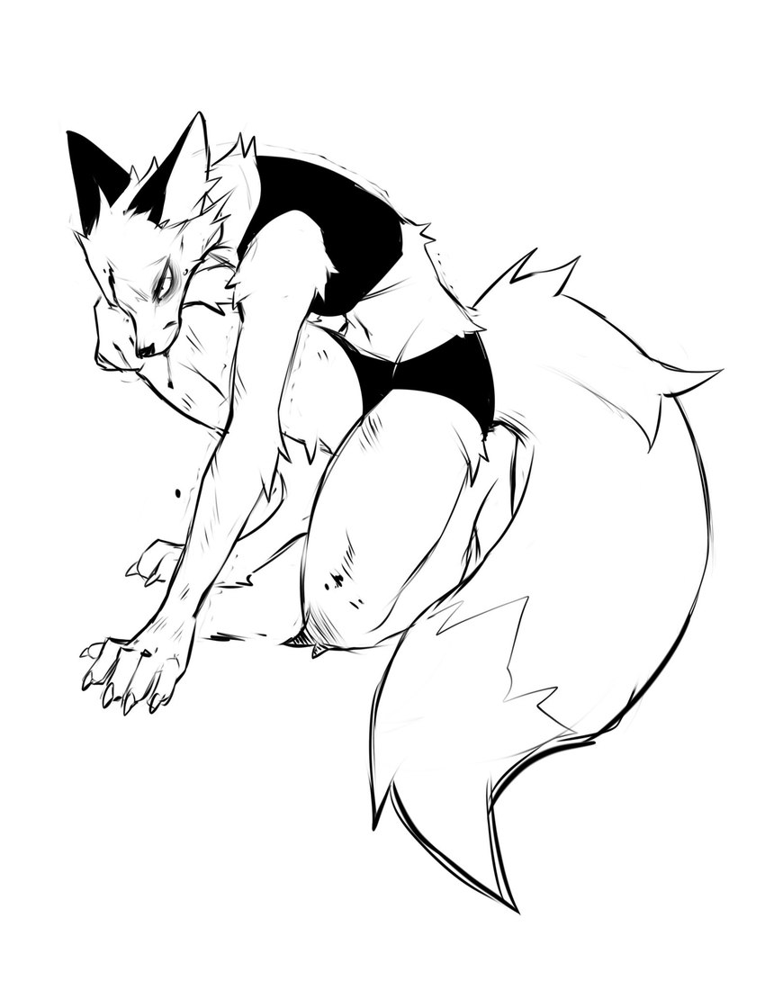 anthro blood bodily_fluids cheek_piercing claws female finger_claws fur midriff piercing simple_background solo tail toe_claws white_background falvie the_fox_(falvie) canid canine fox mammal 2023 black_and_white digital_media_(artwork) hi_res monochrome