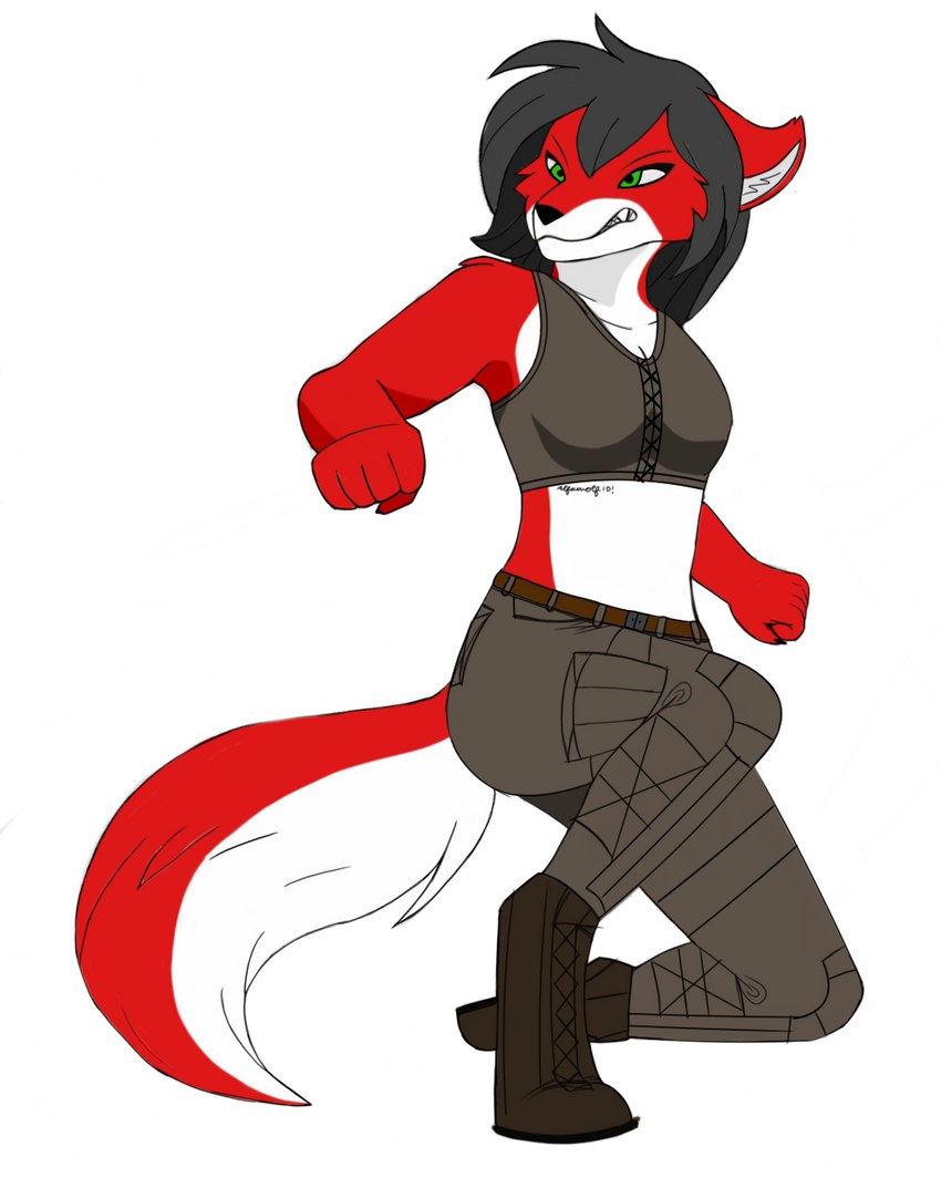 anthro black_hair boots clothing female footwear fur green_eyes hair multicolored_body red_body red_fur shoes solo sport_top tactical_pants tattoo teeth_showing two_tone_body white_body white_fur alfa_wolf10! flare_(alfa_wolf10!) flare_rains canid canine canis mammal red_wolf wolf hi_res