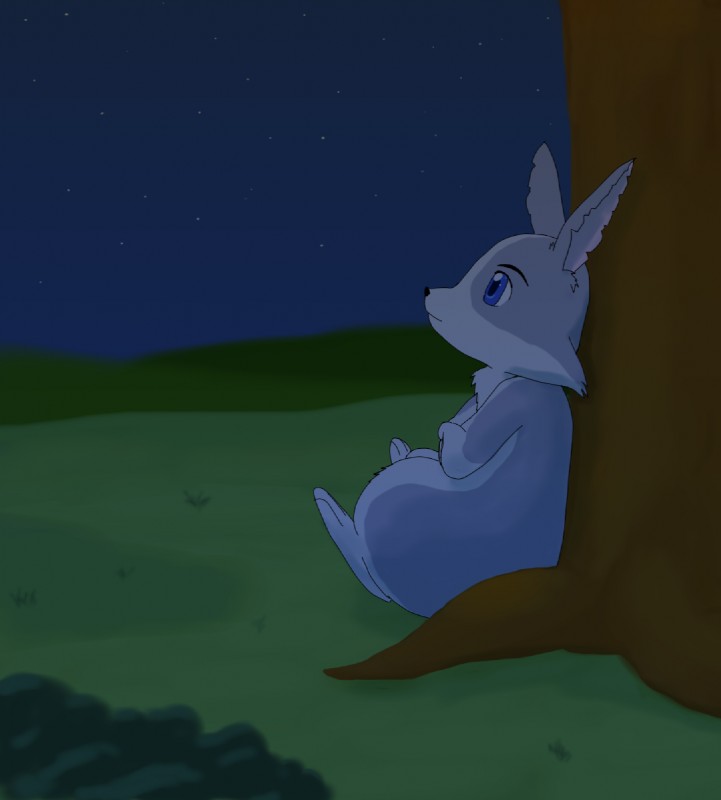 blue_body blue_eyes blue_fur fur japanese male night plant sitting solo star tree white_body white_fur improbable_(artist) happy_happy_clover pixiv sayuri_tatsuyama rambler_(happy_happy_clover) lagomorph leporid mammal rabbit