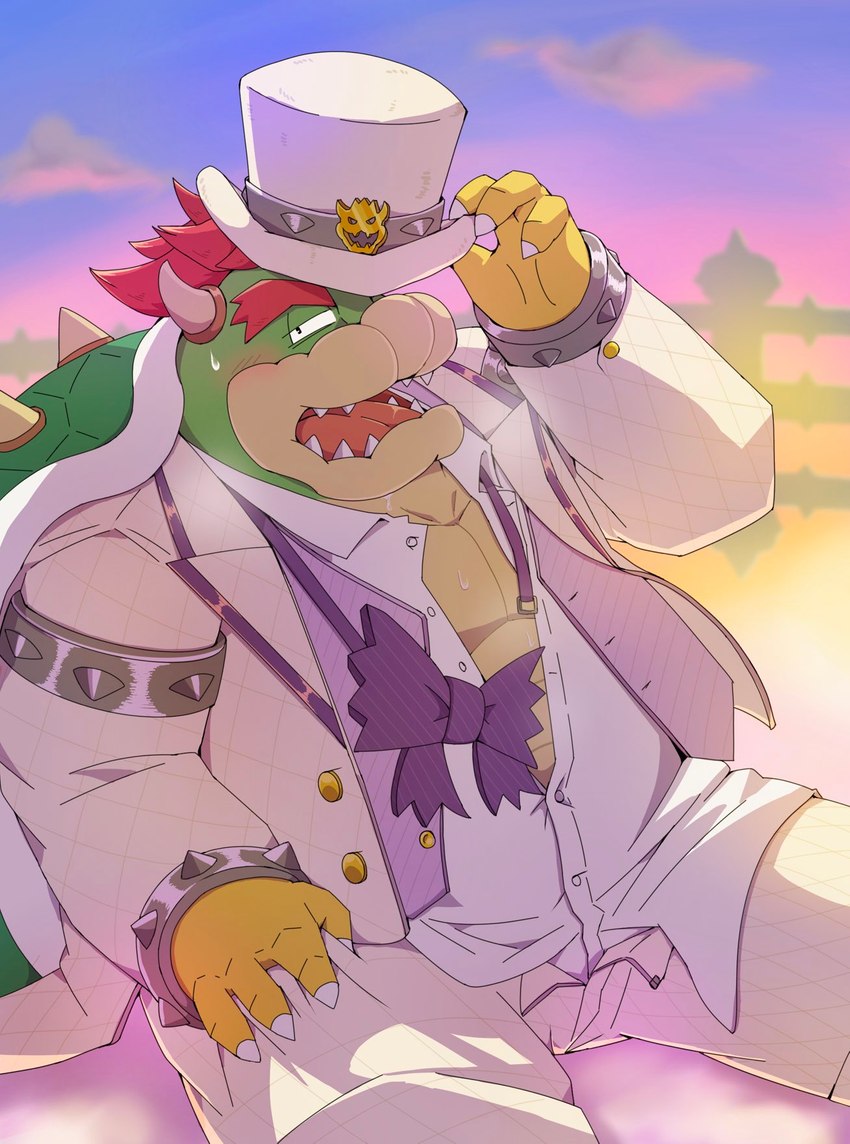 anthro belly big_belly blush bodily_fluids bottomwear bow_tie clothing hat headgear headwear humanoid_hands kemono male outside overweight overweight_male pants shirt sitting solo suit sweat topwear emufu mario_bros nintendo bowser koopa scalie 2022 hi_res