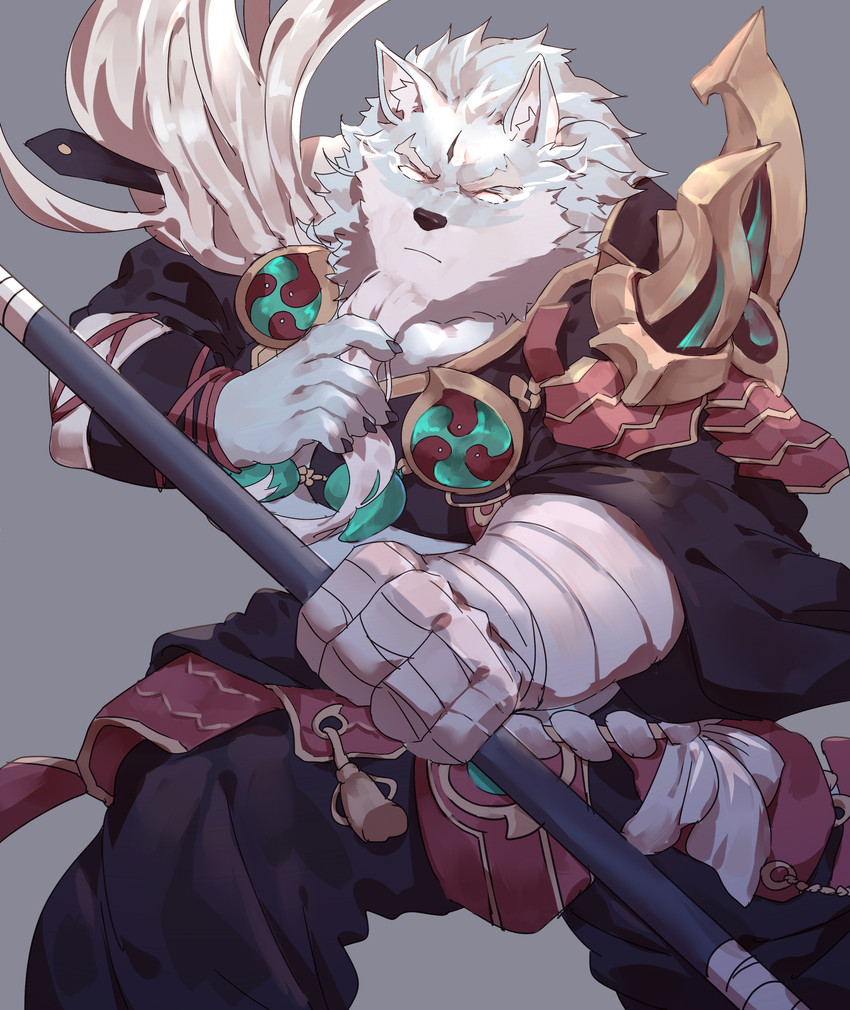 anthro beard biped black_nose bottomwear clothed clothing facial_hair fur grey_background grey_body grey_fur hand_wraps holding_mace holding_object holding_weapon humanoid_hands mace male melee_weapon shoulder_guards simple_background solo weapon wraps guojun2333 sdorica law_(sdorica) canid canine canis mammal wolf 2020 absurd_res hi_res