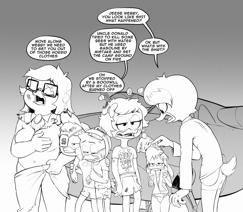 anthro breasts clothing covering covering_breasts dialogue eye_patch eyewear female group holding_breast male profanity sling_(medicine) text torn_clothing wardrobe_malfunction wounded drockdraw disney ducktales ducktales_(2017) bentina_beakley della_duck dewey_duck huey_duck lena_(ducktales) louie_duck webby_vanderquack anatid anseriform avian bird duck 2023 english_text greyscale monochrome