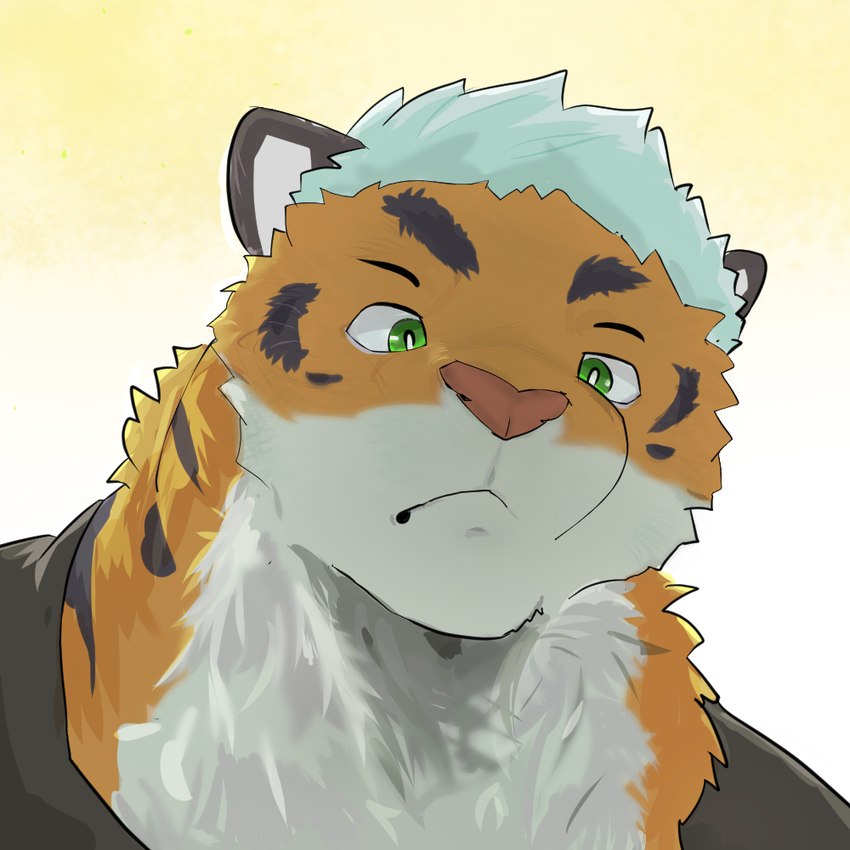 anthro black_eyebrows clothed clothing eyebrows fur green_eyes hair inner_ear_fluff male multicolored_body multicolored_fur orange_body orange_fur pink_nose potrait shirt simple_background solo teal_hair topwear tuft white_background white_inner_ear_fluff fongu felid mammal pantherine tiger 1:1 portrait