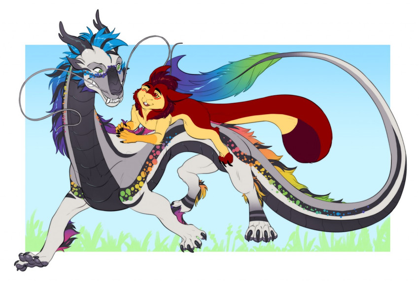 4_toes blue_hair digitigrade duo feet feral fur green_eyes hair horn red_body red_fur red_hair tail toes melamoryblack asian_mythology east_asian_mythology mythology lakota_(deemage) dragon eastern_dragon mythological_creature mythological_scalie scalie