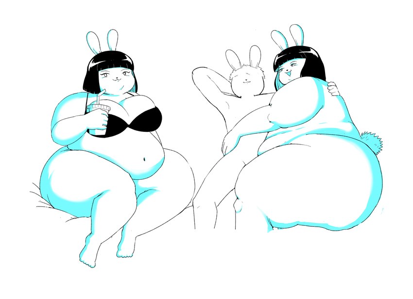 anthro anthro_on_anthro arm_around_back belly belly_rolls beverage big_belly big_breasts big_cheeks biped bob_cut bottomless bra bra_only breasts chubby_cheeks clothed clothing container cup disposable_cup double_chin drinking_straw duo faceless_anthro faceless_character faceless_male fat_arms fat_rolls female fur hair holding_beverage holding_disposable_cup holding_object hug huge_thighs looking_at_another looking_at_partner lying male male/female narrowed_eyes navel nude obese obese_anthro obese_female on_back on_side open_mouth open_smile overweight overweight_anthro overweight_female romantic romantic_couple short_tail simple_background sitting smile solo tail thick_thighs underwear underwear_only weight_difference white_background wide_hips ferretidk cass_(mk_artichoke) lagomorph leporid mammal rabbit 2022 absurd_res hi_res monochrome multiple_images