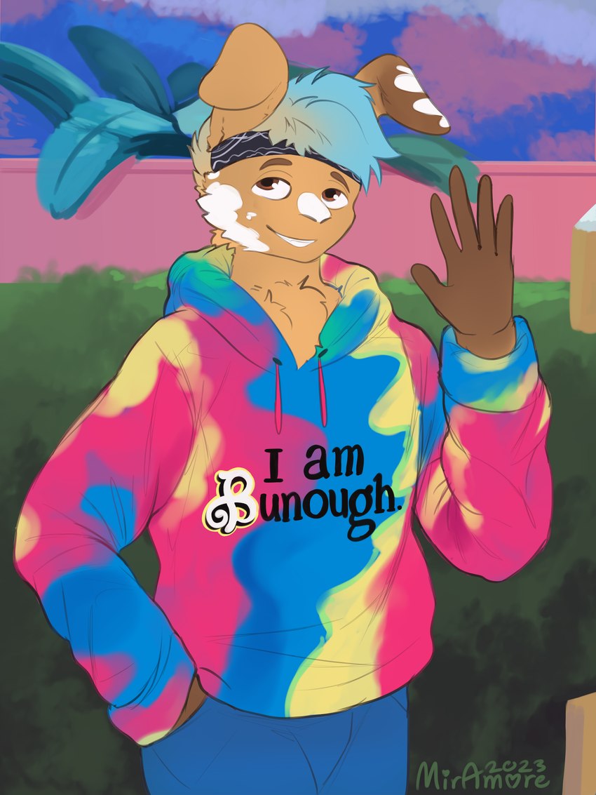 accessory anthro brown_body brown_fur clothed clothing fur hair headband hoodie male multicolored_hair solo text tie-dye topwear two_tone_hair miramore barbie_(film) mello_bun lagomorph leporid mammal rabbit 2023 3:4 absurd_res digital_media_(artwork) english_text hi_res signature