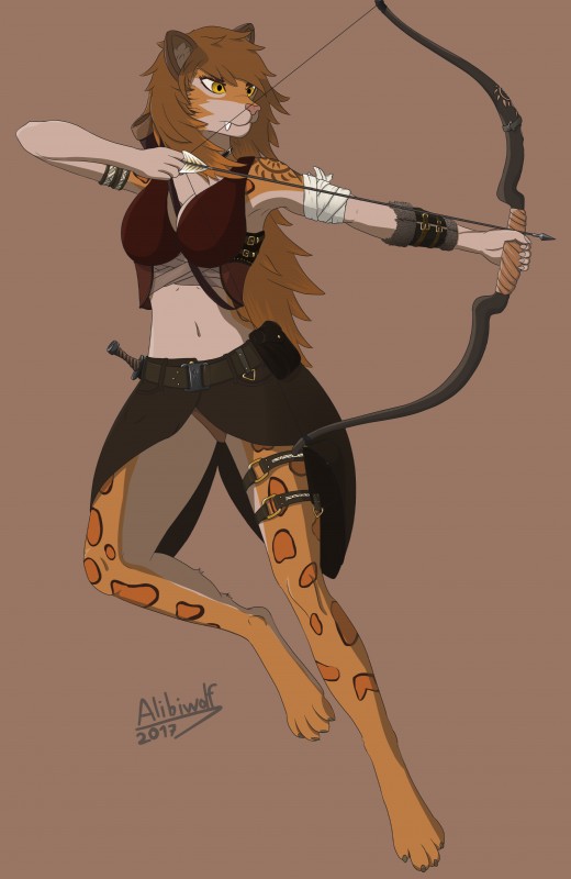 4_toes alternative_fashion angry anthro arrow_(weapon) barefoot biped bow_(weapon) brown_body brown_fur brown_hair clothed clothing feet female fully_clothed fur hair long_hair navel quiver_(object) ranged_weapon simple_background solo steampunk toes weapon yellow_eyes alibiwolf seykar felid mammal prehistoric_species saber-toothed_tiger absurd_res hi_res