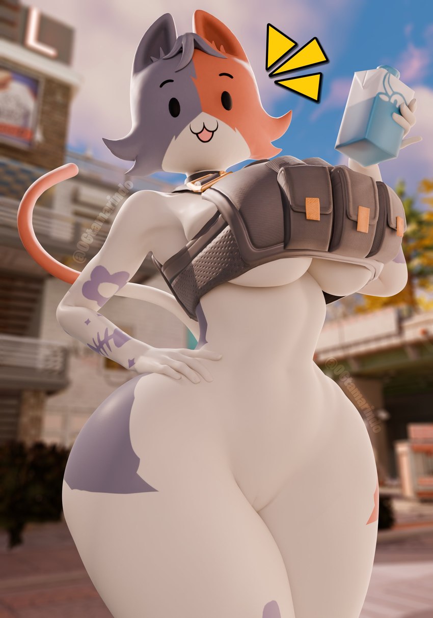 anthro arm_tattoo biped blue_body blue_fur blue_hair bottomless bottomless_anthro bottomless_female breasts bulletproof_vest cheek_tuft clothed clothing curvy_figure dot_eyes eyebrows facial_tuft female fur fur_tuft genitals hair hand_on_hip holding_carton holding_milk holding_object looking_at_viewer multicolored_body multicolored_fur open_mouth open_smile orange_body orange_fur pussy simple_eyes smile solo standing tail tattoo text thick_thighs topwear topwear_only tuft under_boob vest vest_only white_body white_fur wide_hipped_anthro wide_hipped_female wide_hips ogtamarindo shachath3d_(modeler) epic_games fortnite cate_meowdy calico_cat domestic_cat felid feline felis mammal 2025 3d_(artwork) absurd_res artist_name digital_media_(artwork) hi_res