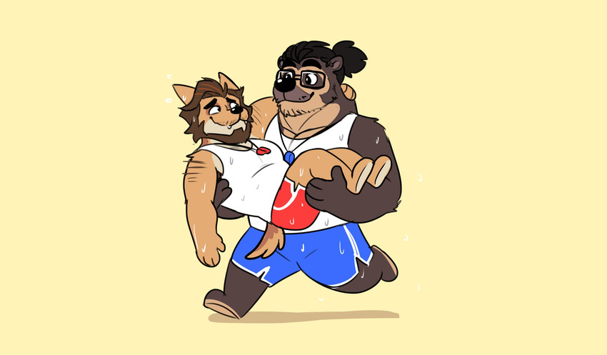 anthro beard belly black_body black_fur bottomwear brown_body brown_fur carrying_another clothing duo eyewear facial_hair fur glasses male male/male overweight overweight_male shirt shorts simple_background tank_top topwear dinonugget_bird uku bear canid canine canis domestic_dog mammal short-faced_bear spectacled_bear 2020 hi_res